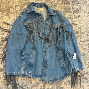 Free People denim fringe jacket. Oversized small. New with tags